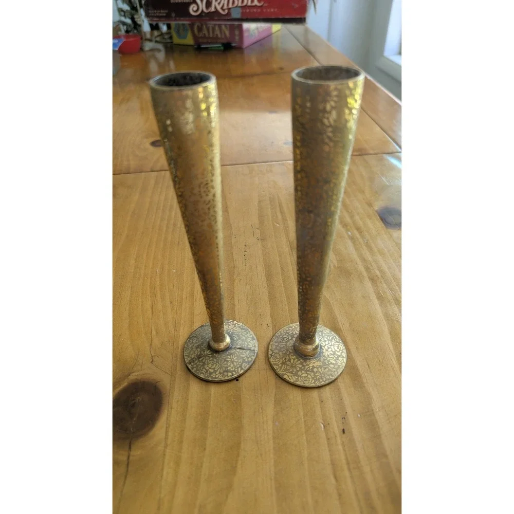 Ransgil Crystal Vintage 22k Gold Encrusted Floral Bud Vases Set 2 MCM 8.5 inch‎